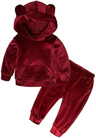 Janjean Kids Unisex 2PCS Solid Velvet Outfit Toddler Pulover Hoodies Vrh s elastičnim strukom Sweatpants Atletic Tracksuit Burgundija
