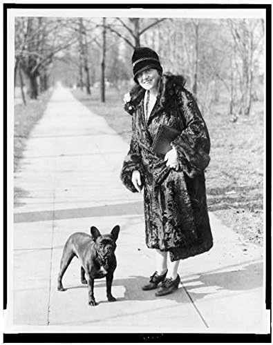 PovijesnaFindings Foto: Mary Roberts Rinehart, spisateljica, šetnja, omiljeni kućni ljubimac, francuski buldog, pločnik, 1920