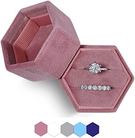 Velvet kutija za prsten, šesterokutni držač prstena, dvostruki utorci prstenovi kutije za nakit 2 utor za prijedlog, angažman, vjenčanje