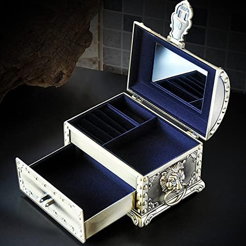 Vintage metalna kutija za nakit, privjesak za ključeve s bravom, glava lava, dvostruka paluba s ogledalom, Škrinja s blagom, mali prsten,