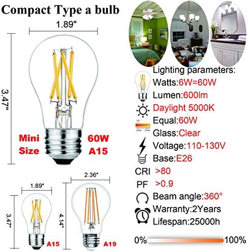 Kit LiteHistory iz lampe канделябра E12 Neutralan-bijele boje 4000k i lampe Edison A15 dnevnog svjetla 5000K Led žarulja E26 6 W =