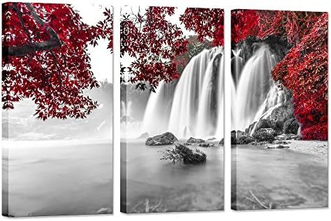 3 komada Crvena šumska platna zidna slika za dnevnu sobu crni i bijeli vodopad slika zidna umjetnost Moderna jesen prirodni krajolik