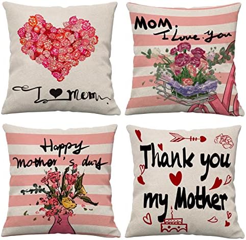 Majčin dan jastuci za jastuke 18x18 Set od 4 ružičaste karanfile za cvijeće Loving Heart Dekorativni jastuk poklopac jastuka Majčin