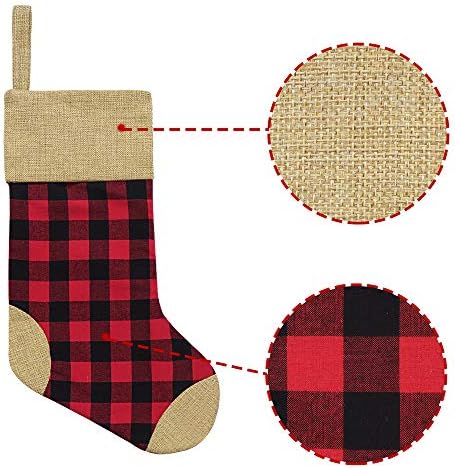 IVENF božićne čarape, 4 pcs 18 inča crvena i crna bizona provjera s čarapama s burlap čarapama, za obiteljski blagdanski božićni ukrasi