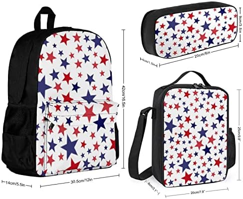 Ruksak s crvenim i plavim zvijezdama od 3 komada torba za knjige i kutija za ručak ruksak za prijenosno računalo za Dan neovisnosti