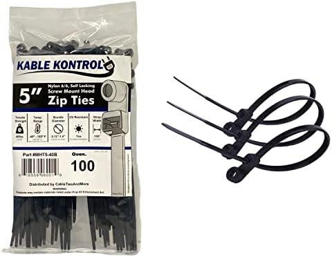 Kable Kontrol Zip kravate s rupom vijaka, 5 inča 100 PCS crne, 40 lbs. Vučna čvrstoća, samo-zaključavanje, višenamjenski kabel za ugradnju