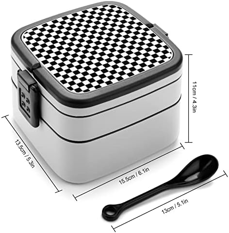 Crno bijela trkačka karirana bento kutija dvoslojna kontejner za ručak za ručak sa žlicom za rad na pikniku