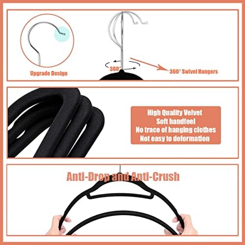 Houcoc Velvet vješalice 50 pakiranja - crne baršunaste vješalice bez klizanja vješalica za uštedu prostora vješalice za odjeću za ormar,