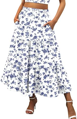 Flowy Pleade Midi suknje za žene casual ljetne boho suknje s džepovima cvjetna suknja na plaži visoki struk ljuljajući a-line suknja