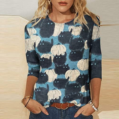 Hoxine Women's 3/4 majica rukava modna vještica bundeva mačka grafički print pulover košulja casual tri četvrtine rukava majice