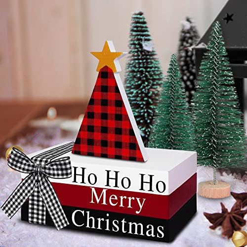 Božićni ukrasi zatvoreni - 3pcs lažno ukrasne knjige i bivolo karirano stablo s vrpcom božićni dekor drveni natpisi, slojevita ladica