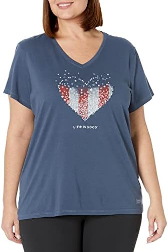 Život je dobra ženska patriotska pamučna majica s kratkim rukavima grafički V-izrez majice Srčane zvijezde i pruge