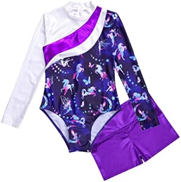 Yuumin Kids Gimnastika Leotard za djevojčice s baletom s dugim rukavima vrh s kratkim hlačama s kratkim hlačama Unitard Purple C 8