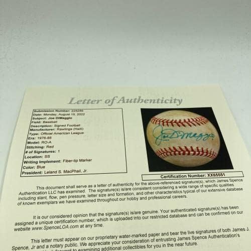 Joe DiMaggio potpisao Vintage 1970 -ih američka liga MacPhail Baseball JSA CoA - Autografirani bejzbol