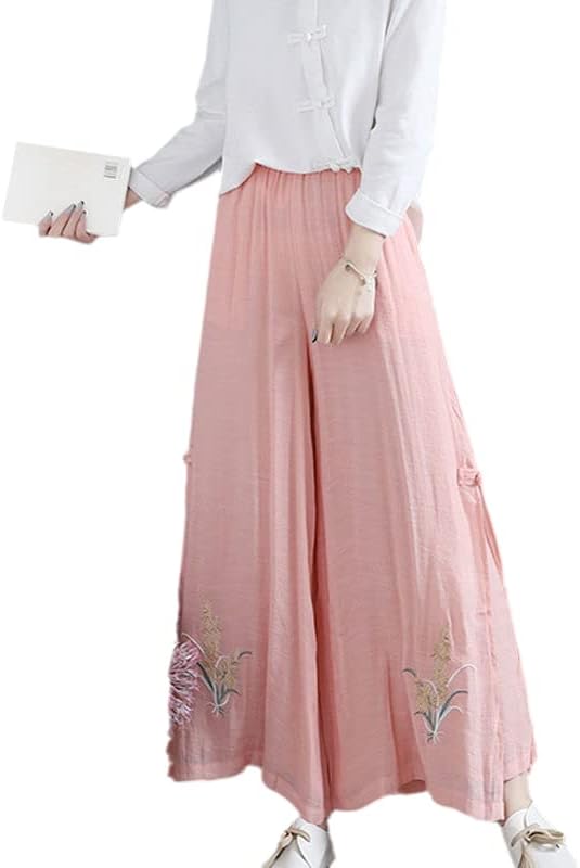 Kineski nacionalni stil retro elegantne hlače široke noge vezeni cvijet casual elastični struk hlače za žene u boji3 s