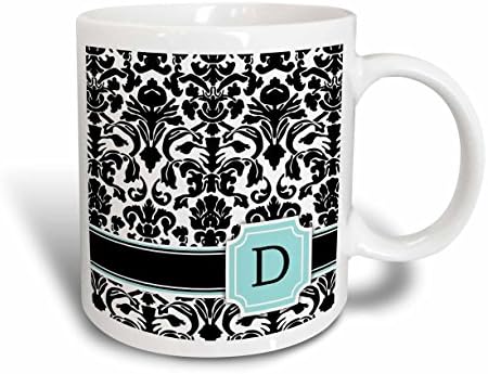 3Drose Pismo D Osobna monogramirana plava crno -bijela šalica uzorka Damask, 11 oz
