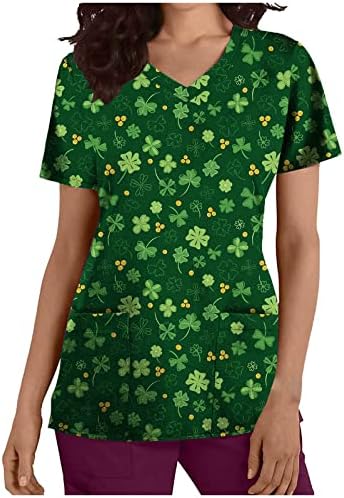 Dan svetog Patrika žensko slatko zeleno print v-izrez Scrub_top majice s tunikom kratke rukave bluze