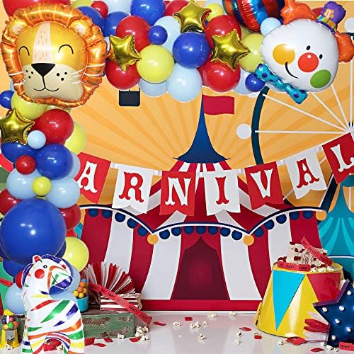 FGBB 114pcs Carnival Circus Balloon Garland Arch s lavom glavom, zebra, balonom od folije klauna i crvenim, plavim 4D Stripe Mylar